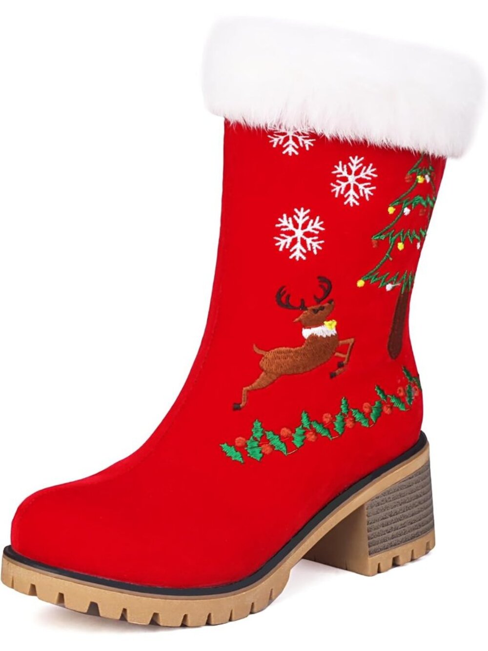 Women's Red Suede Stylish Sweet Furry Christmas Chunky Heel Snow Ankle Booties